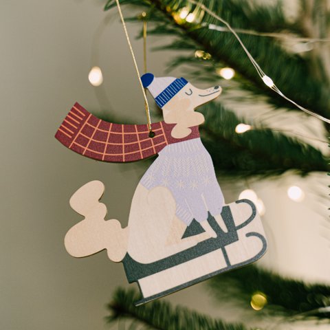 Christmas funny dog on a sled, Christmas tree hanging decor