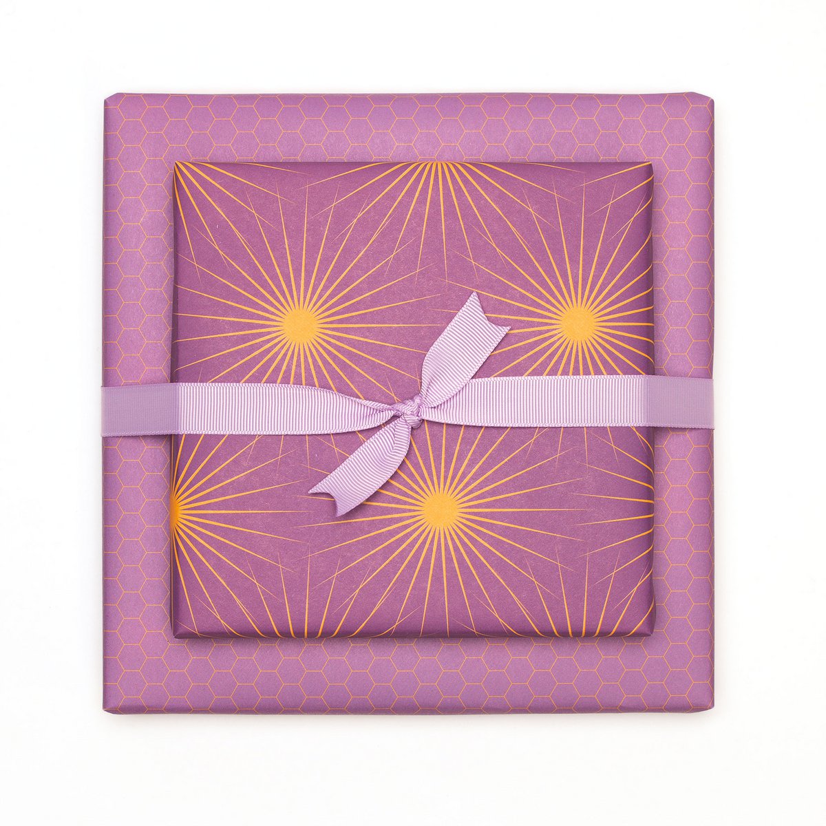 Lila Geschenkpapier mit Sonnensternen, retro Geschenkpapier orange und lila, ideal als Geburtstags- Geschenkpapier Frühling oder Weihnachtsgeschenkpapier