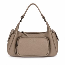 Beige leather shoulder bag, double handles, structured design, crossbody strap, spacious compartments.