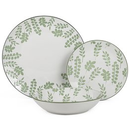 SERVIZIO PIATTI 18 PEZZI PORCELLANA BIANCA FOGLIE VERDI, PIATTO PIANO: ø27 _DESSERT:°19CM, PROFONDO:°20X4CM CU7264