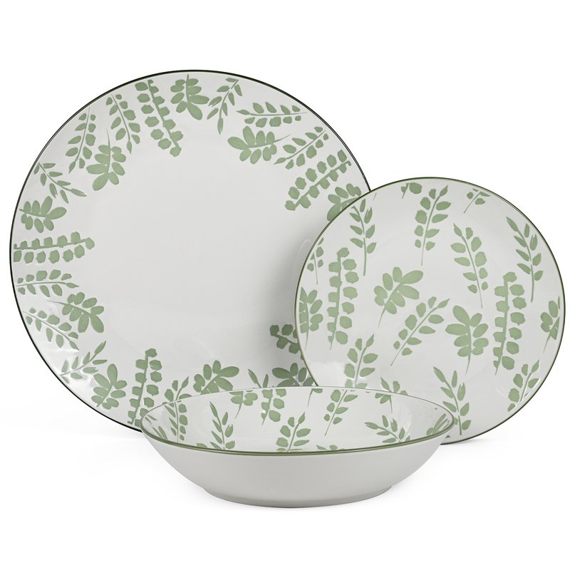 SERVIZIO PIATTI 18 PEZZI PORCELLANA BIANCA FOGLIE VERDI, PIATTO PIANO: ø27 _DESSERT:°19CM, PROFONDO:°20X4CM CU7264