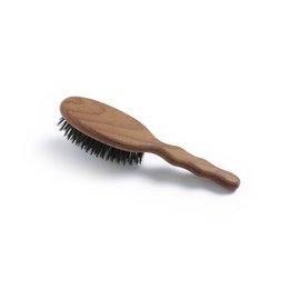  Small wooden boar bristle hair brush with dark bristles.