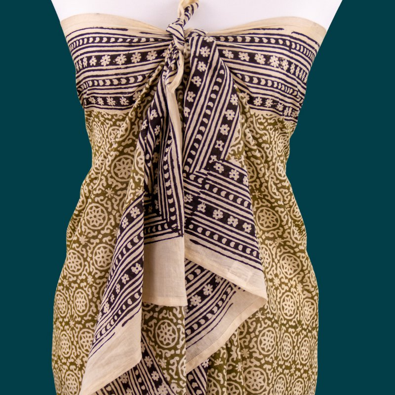 Pareo vert, Sarong, écharpe, serviette de plage, écharpe d'été, chiffon d'épaule, robe enveloppe, composé de coton 100%, imprimé avec des couleurs naturelles, fait à la main