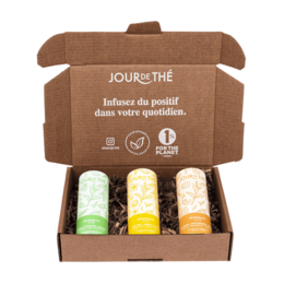 Box of 3 100% natural deodorants in green, yellow, and white colors. Deodorants with natural ingredients to influence your daily routine.