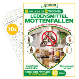A food moth trap with 10 traps in the package. The trap is designed to catch and eliminate food moths in the home. The product is categorized as an all-purpose cleaner.