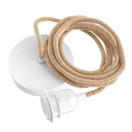 A natural white, single-fitting ceiling pendant lamp with a braided rope-like cord.