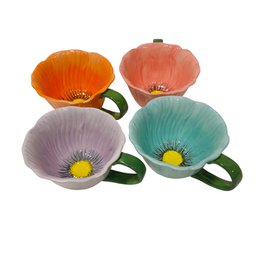 Colorful poppy flower shaped mugs, porcelain, orange pink purple turquoise, set of four.
