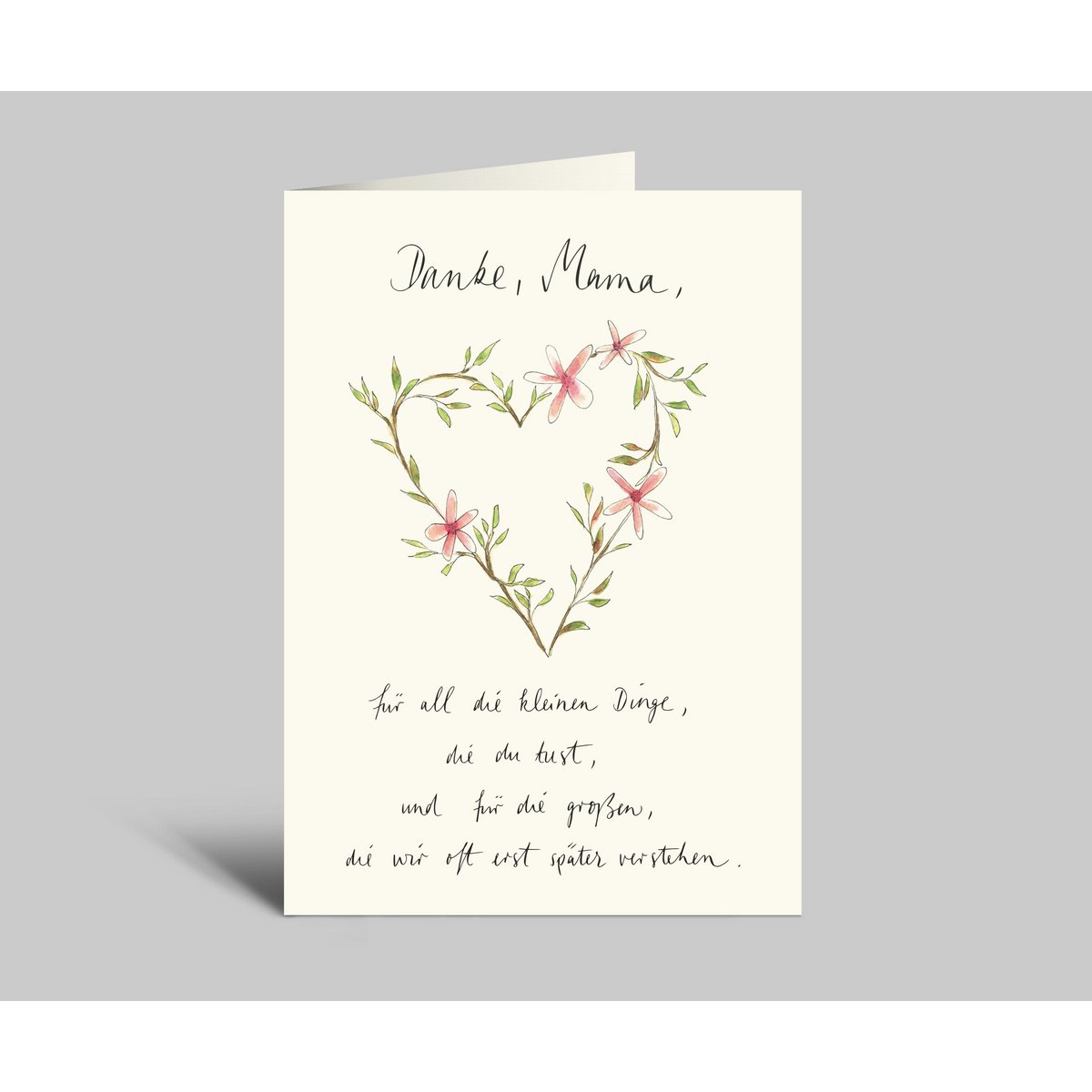 Watercolor card for Mother's Day | Heart of greens and branches | Thank you mom | Folding card + envelope