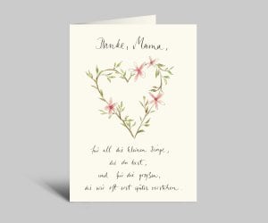 Watercolor card for Mother's Day | Heart of greens and branches | Thank you mom | Folding card + envelope