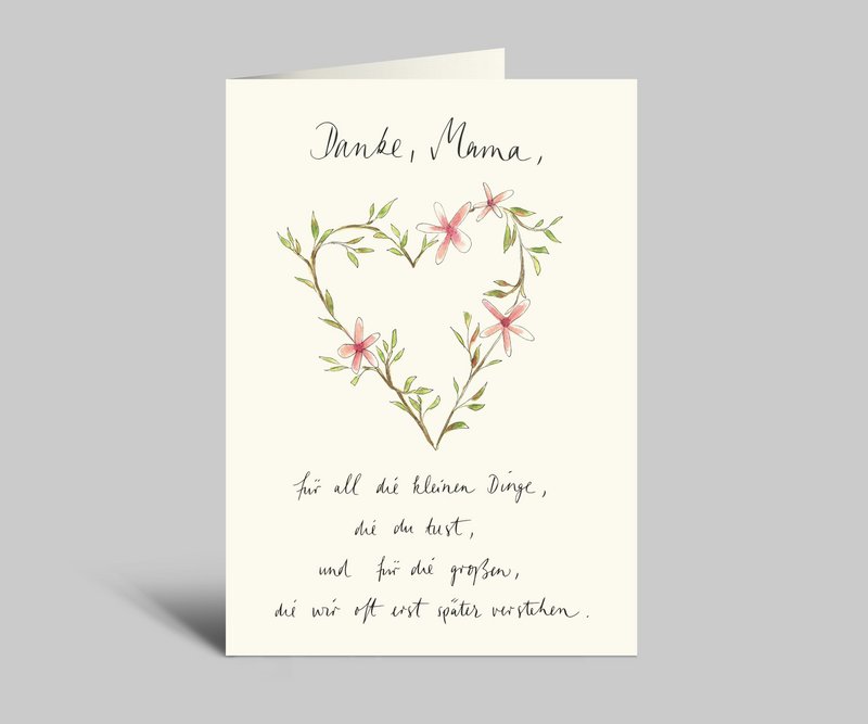 Watercolor card for Mother's Day | Heart of greens and branches | Thank you mom | Folding card + envelope