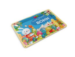 Colorful Easter postcard with bunny, flowers, and spring designs, blue background, decorative metal tin sign.