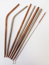 Stainless steel straws in straight, curved, and smoothie styles, available in silver and rose gold colors.