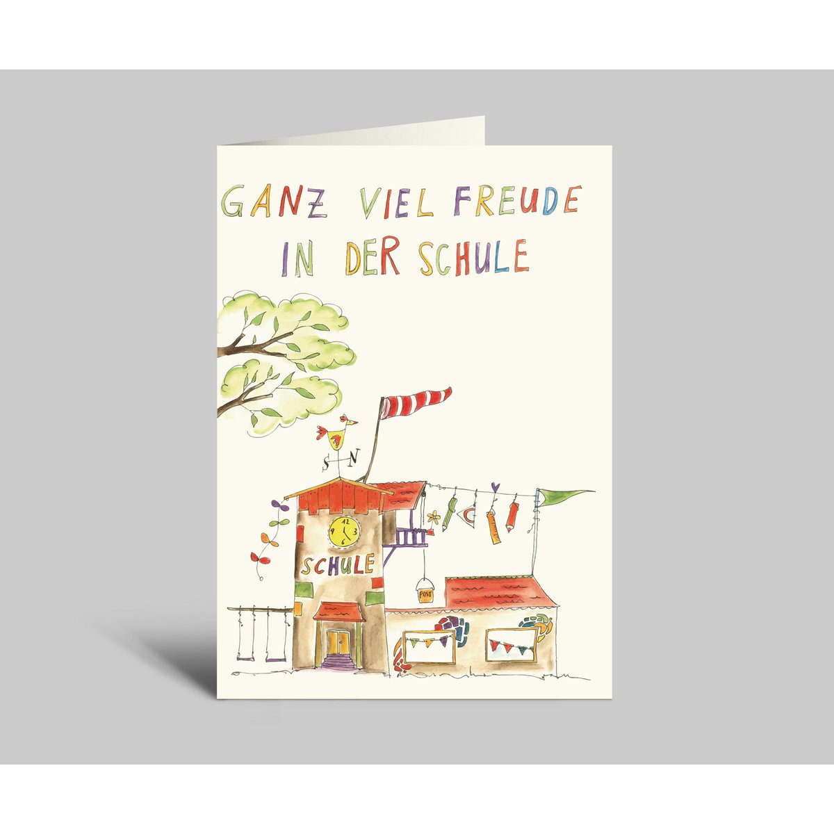 Klappkarte zur Einschulung | Ganz viel Freude in der Schule | Schulmotiv bunt illustriert
