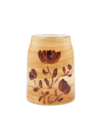 Ceramic flower pot with floral design in brown and tan colors. Suitable for indoor or outdoor use to hold plants or flowers.