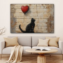Canvas schilderij - Wanddecoratie Kat - Graffiti - Ballon - Street art - Abstract - Muurdecoratie woonkamer - Kamer decoratie modern - Abstracte schilderijen