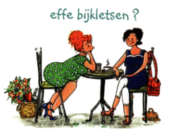 Colorful vintage-style illustration depicting two women sitting at a table, engaged in conversation. The image has a retro, whimsical aesthetic.