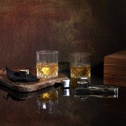 Ensemble cadeau de whisky de luxe - 21 x 9 x 18 cm - L'ensemble cadeau ultime pour le vrai passionné de whisky - Whisky Stones, Glass and Tang - Boîte cadeau en bois - Brown
