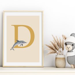 A poster featuring the letter "D" with a dolphin illustration in a neutral color palette, suitable for a kids' room decor.