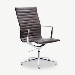 Dark brown leather and chrome conference chair with a tall, upright back and swivel base.