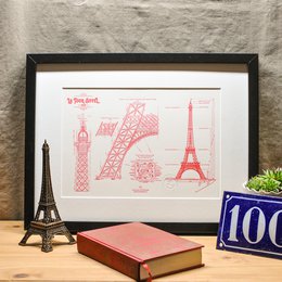Letterpress poster featuring the original Eiffel Tower plan in red and Paris-themed details.