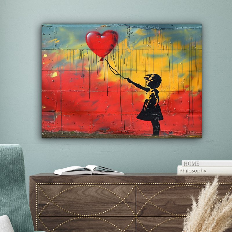 Canvas schilderij  - Wanddecoratie Banksy Style - Kleurrijk - Graffiti - Meisje - Street art - Muurdecoratie woonkamer - Slaapkamer decoratie - Kamer accessoires - Schilderijen op canvas