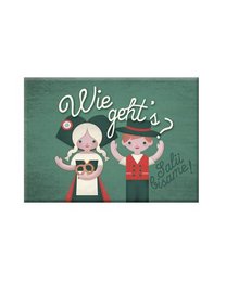 Magnet featuring two cartoon characters in traditional Alsatian clothing with the text "Wie geht's?" (How are you?). The magnet is suitable for children and has a playful, whimsical design.