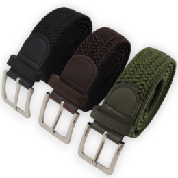 Elastic stretch belts in black, brown, and olive green colors. Made of durable materials with adjustable buckle closures. Suitable for both men and women.