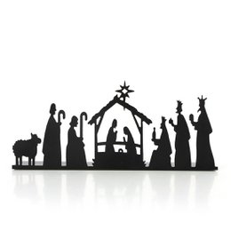 Black metal nativity scene silhouette with star, figures, and animals.