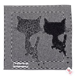 This kitchen towel features two black cats against a checkered background, creating a whimsical and playful design. The cats have a stylized, abstract appearance, adding a modern touch to the classic cat motif.