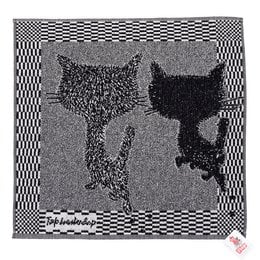 This kitchen towel features two black cats against a checkered background, creating a whimsical and playful design. The cats have a stylized, abstract appearance, adding a modern touch to the classic cat motif.