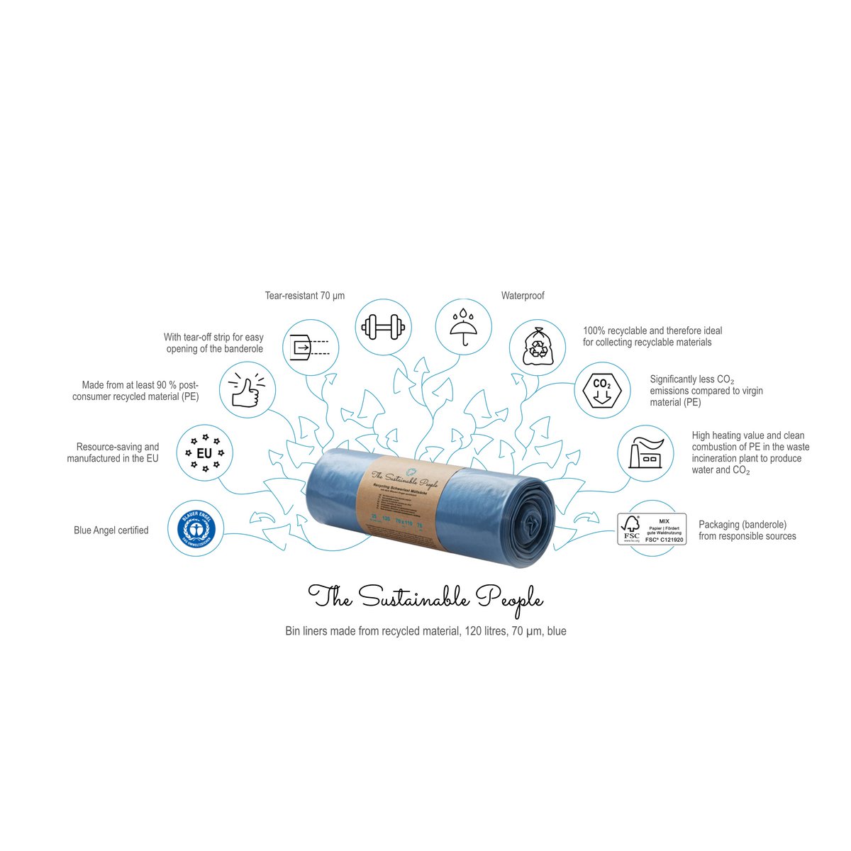 Recycled Heavy-Duty Garbage Bags 120l, 70 µm, blue