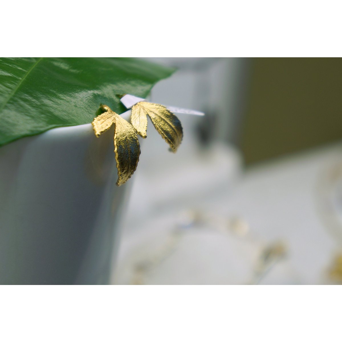 Hoop Earrings: Real Rose Leaves - Gold Plated Sterling Silver