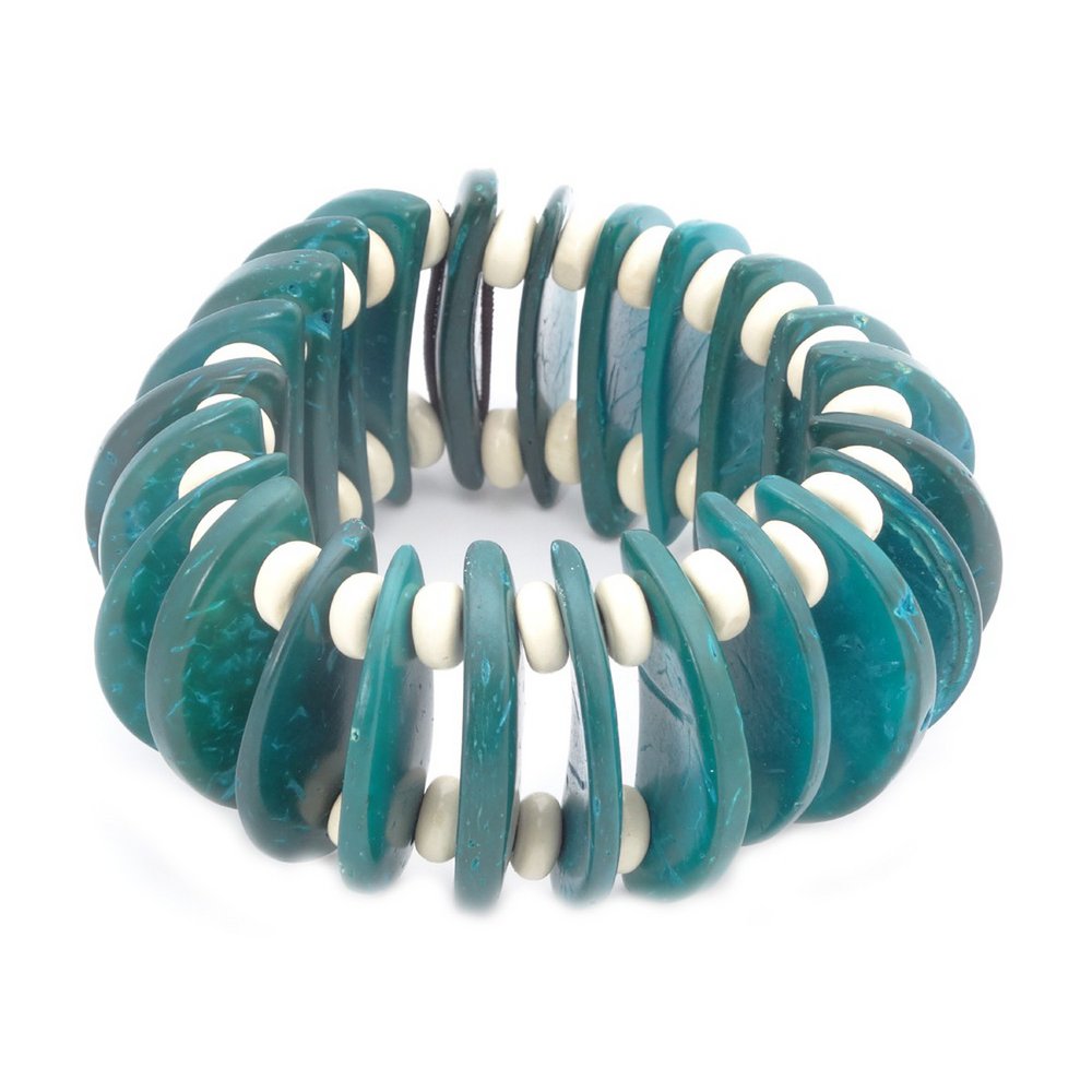 Handmade durable elastic bracelet in blue tone and cream color wooden beads