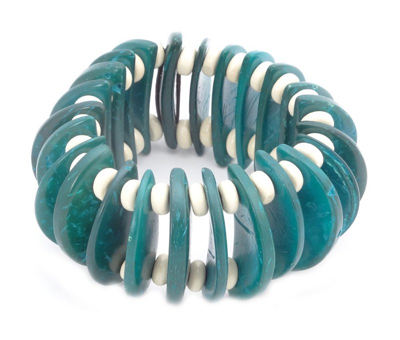 Handmade durable elastic bracelet in blue tone and cream color wooden beads