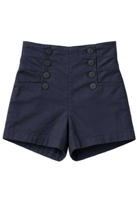 Shorts azul marino de cintura alta en gabardina de algodón elástico