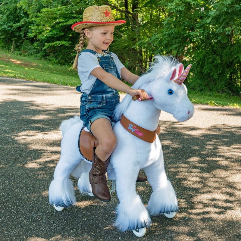Ponycycle -Fahrt auf Spielzeug weißes Einhorn | Alter 4-7 | Plüschtier -Reitspielzeug | Klassiker u Beste Geschenke