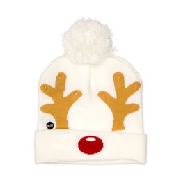 A white knit hat with a pom-pom on top and a reindeer design featuring antlers and a red nose.