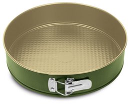 A round, green springform pan made of metal, measuring 22 cm in diameter, suitable for baking cakes.