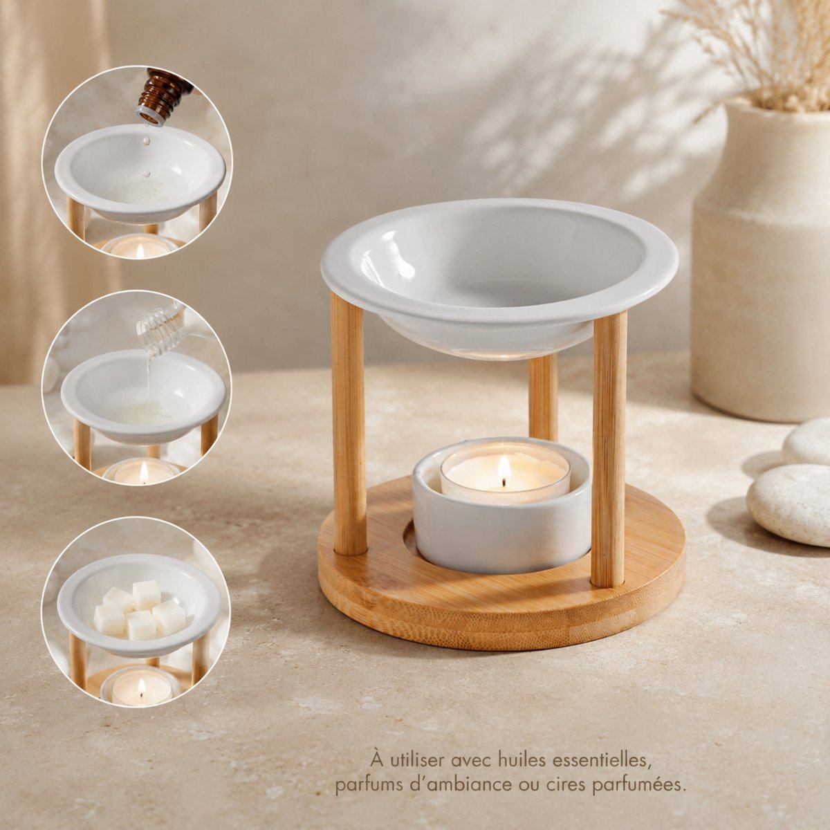 Brûle parfum Série Simplicity - Athena - Céramique Laquée et Bambou - Idée Cadeau - Décoration Simple Moderne