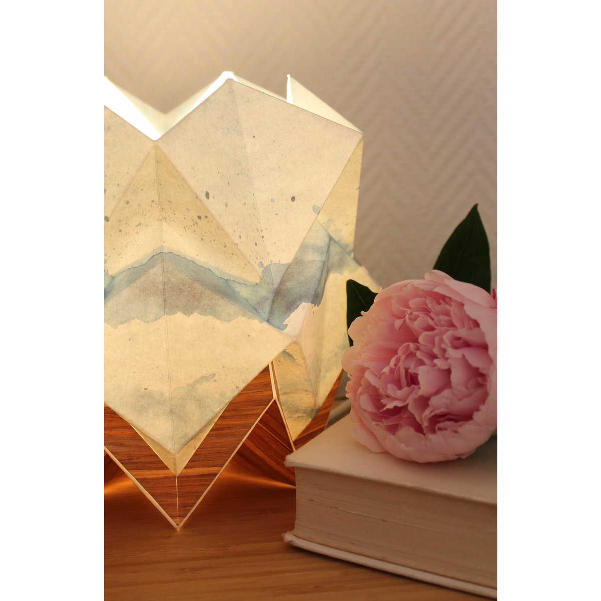 Origami Table Lamp in EcoWood and Paper - Summer Pattern - size S