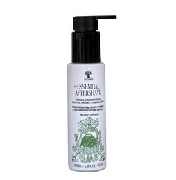 Moisturizing after-shave cream with essential oils and botanical ingredients for soothing and hydrating skin.