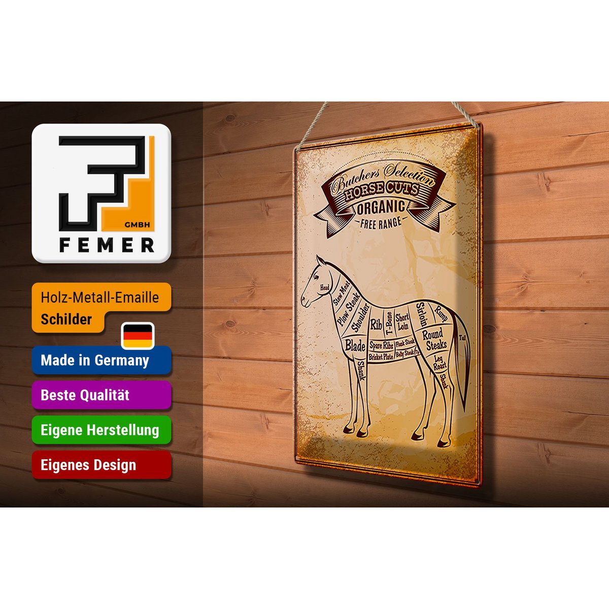 Tin sign butcher shop 30x40cm horse Horse cuts Organic