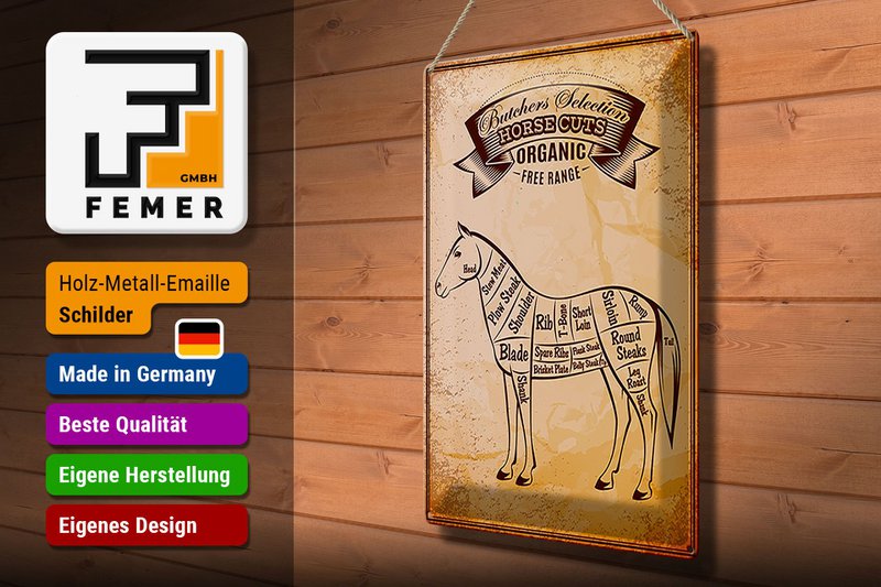 Tin sign butcher shop 30x40cm horse Horse cuts Organic