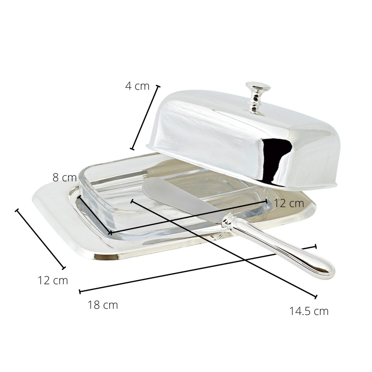 EDZARD butter dish Mista 13x18 cm, H 8 cm, glass insert, silver-plated, with butter knife