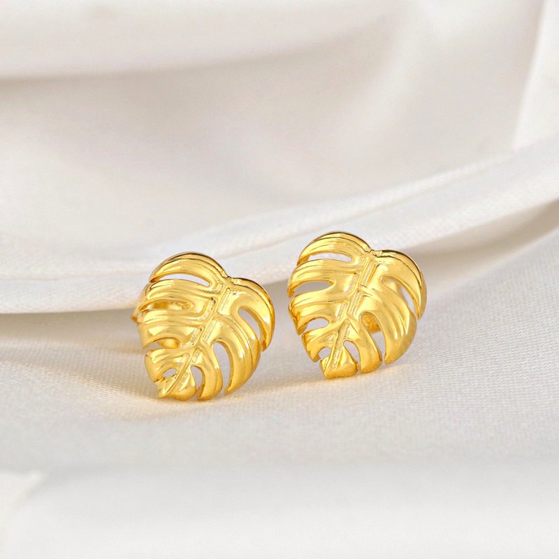 Orecchini a bottone con foglie Monstera - Placcati in oro 925 - Orecchini con foglie esotiche - OHR925-76