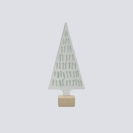 Large white Christmas tree candle, tall triangular shape, wooden base.