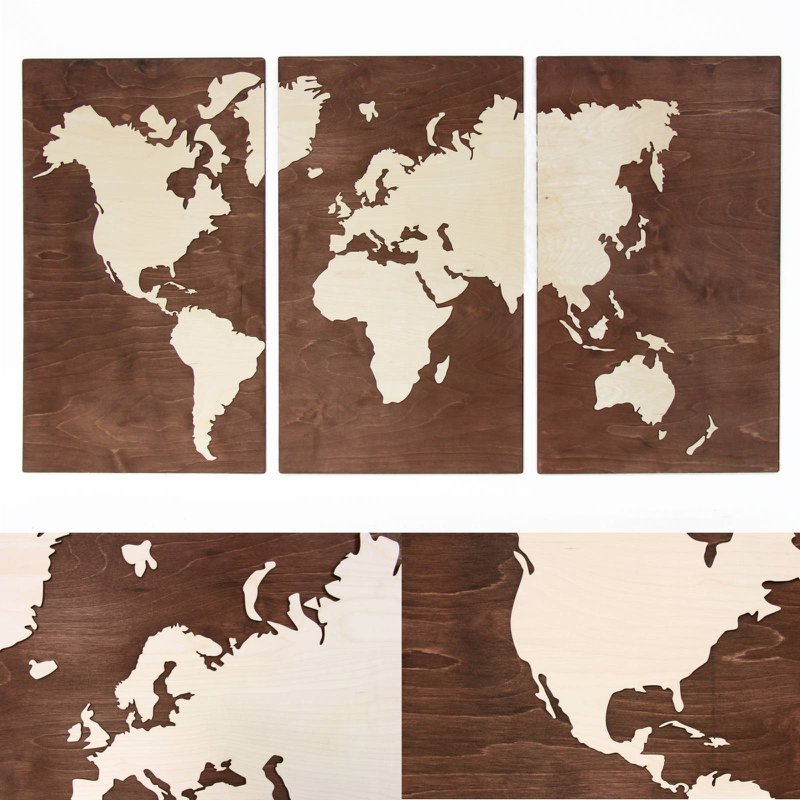 Mapamundi de madera, Mapa mural de madera, Mapamundi