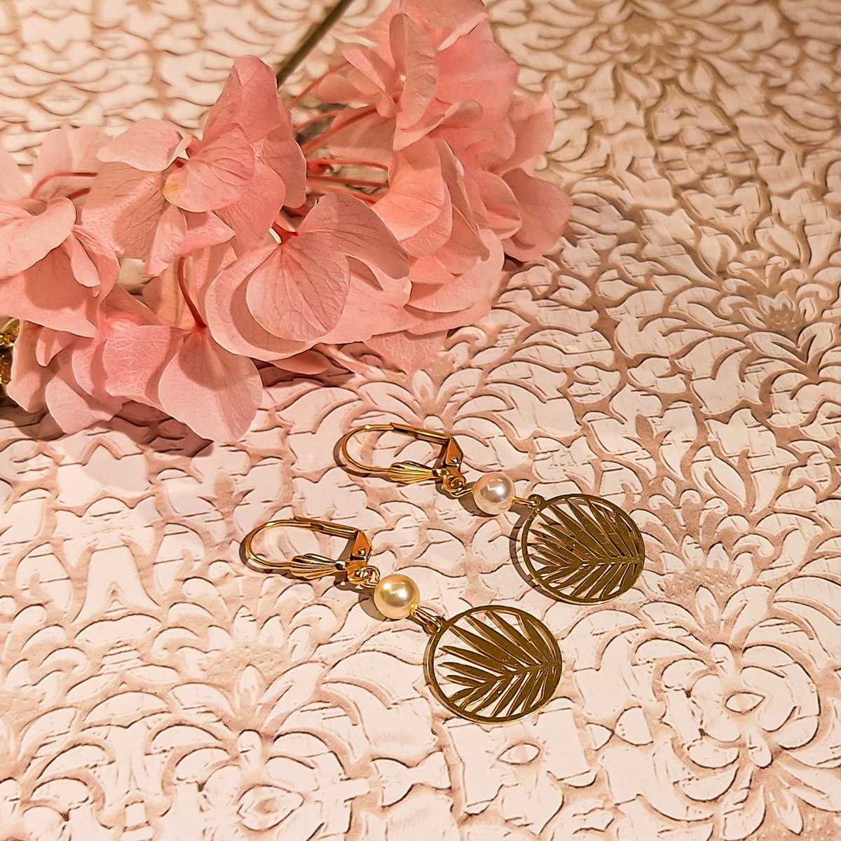 Swarovski pearl curls Tapillon Creoles Palm Flower Palm Flower Golden Brass 24K Mother's Day Gift Mother Gift