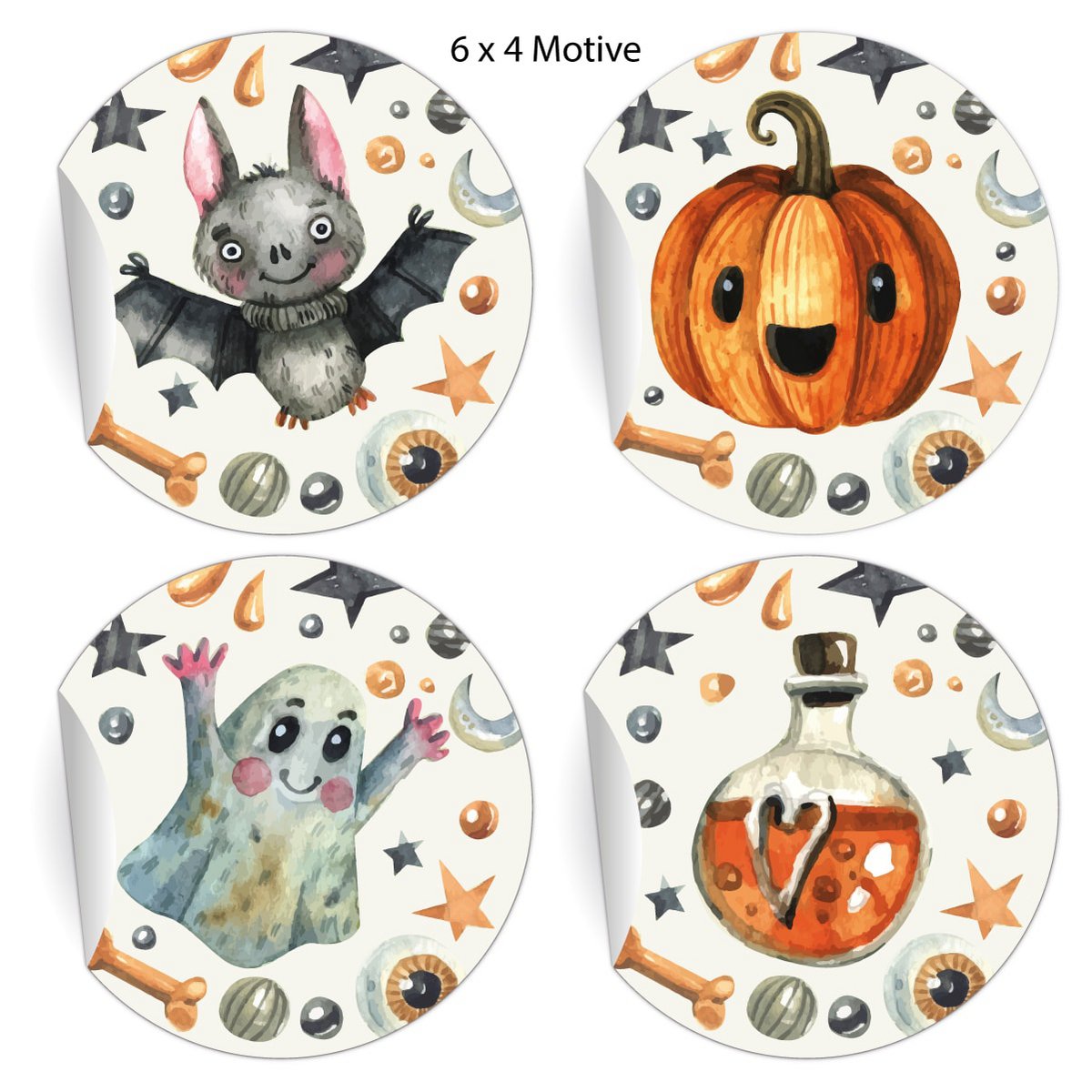 24 creepy Halloween stickers with bat, ghost, pumpkin and magic potion, beige, MATTE paper stickers (ø 45mm; 4 motifs)