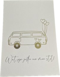 A greeting card with a simple illustration of a van or camper van with heart-shaped balloons. The text on the card reads "What an adventure this will be!"

The image depicts a simple line drawing of a van or camper van with heart-shaped balloons floating above it. The text on the card conveys a message of excitement and adventure, making it suitable for a greeting card or well-wishes.